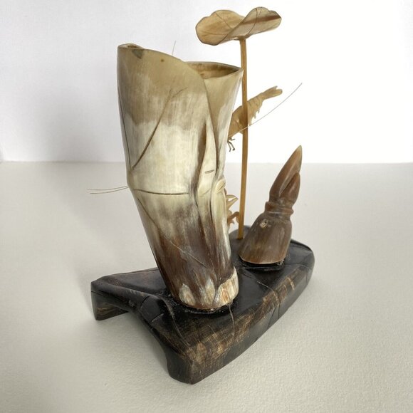 Crab Shrimp Lotus Hand Carved Animal Horn Sculpture Pen Holder Vintage Desk Set - Picture 7 of 16